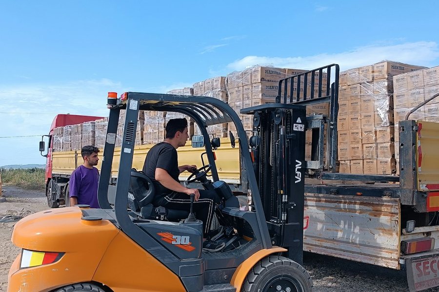 トラックの荷台にフォークリフトで荷物を積む様子